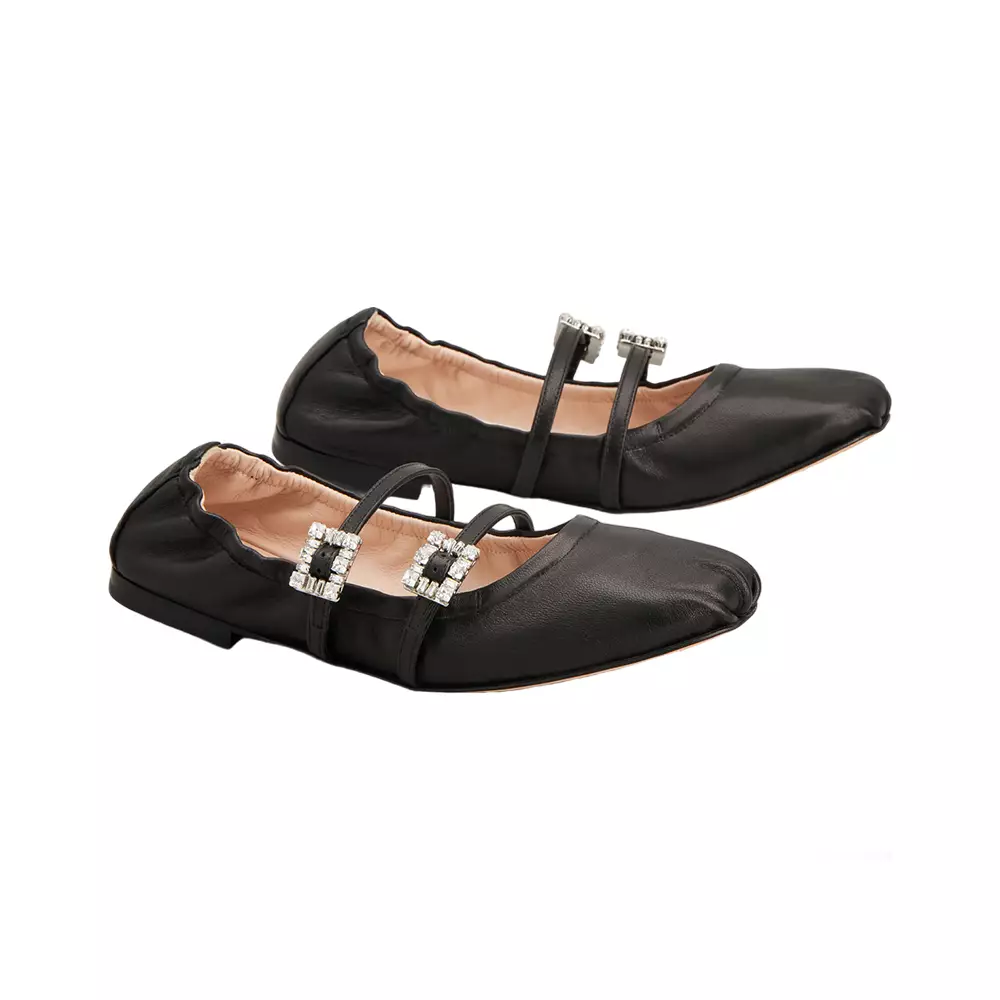 [4.4PRIL KEJUTAN HARGA] Mary Janes Crystal Buckle Nappa Leather Flats Black