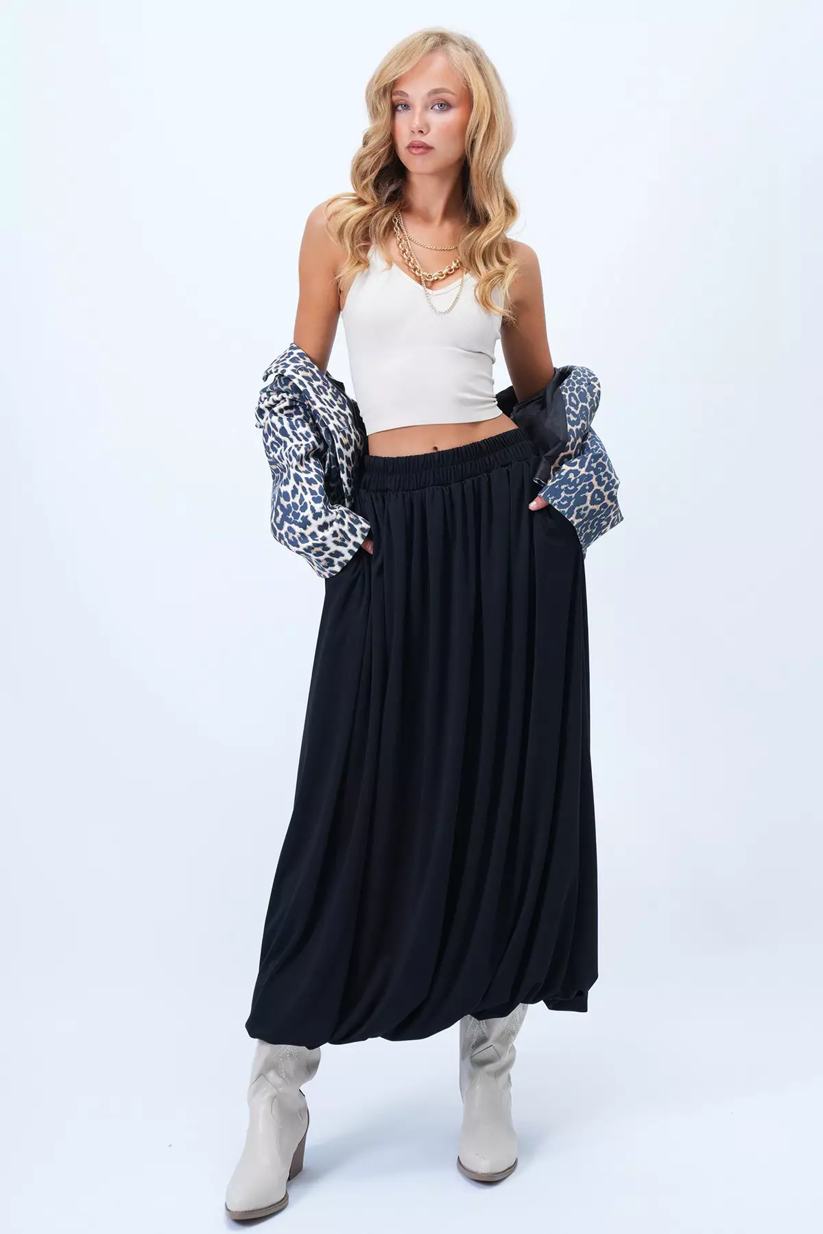 Women'S Black Double Pocket Lined Maxi Size Bubble Skirt Alc-X14348