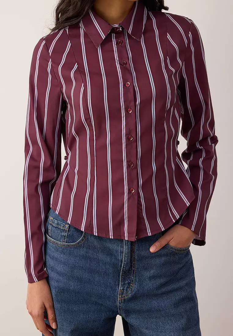 Burgundy-Multicolored Striped Waist Adjustable Lightweight Fitted Waist Wide Sleeves Shirt Twoaw26Go13