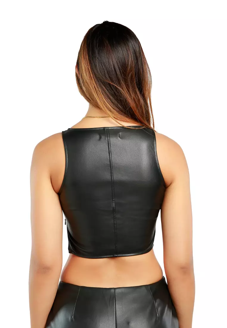 Atasan Crop Tanpa Lengan Jaring Warna Hitam