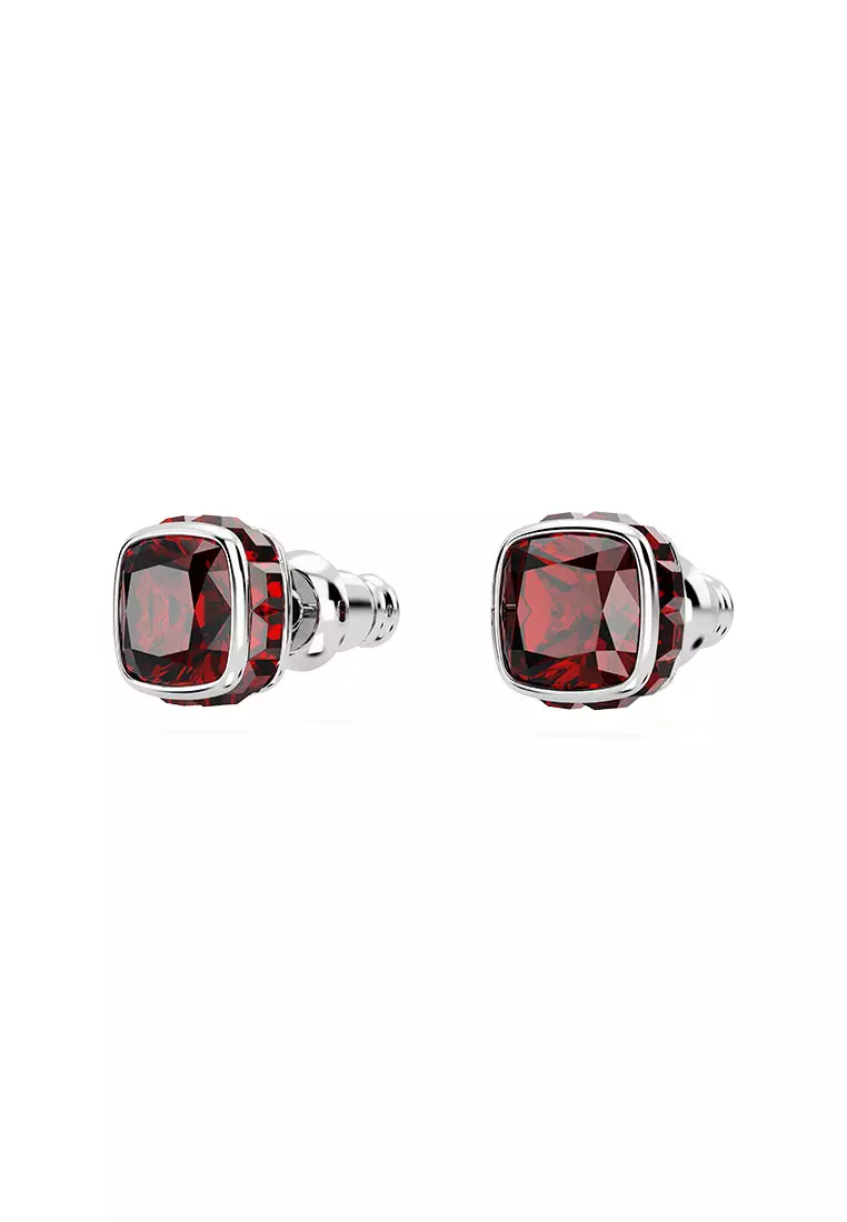 Birthstone Stud Earrings, Square Cut, January, Red, Rhodium plated