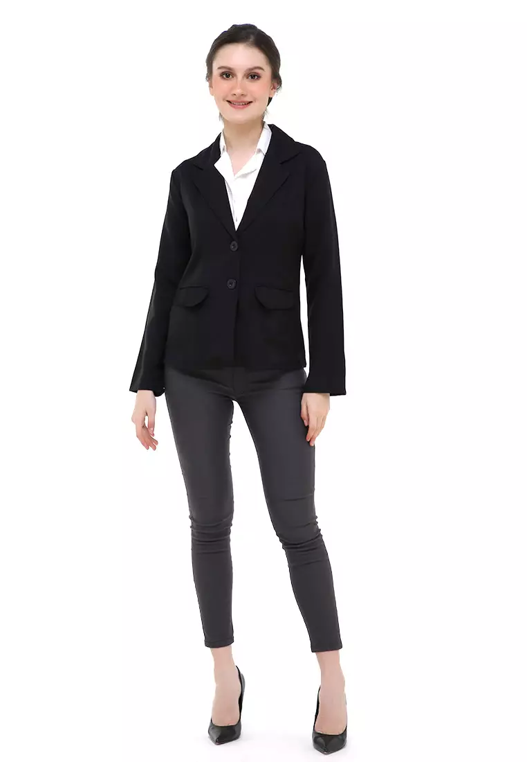 Qemsya Jas Blazer Wanita Two Pockets Two Button Formal Longsleeve Suit Material Polyester ORIGINAL - Black