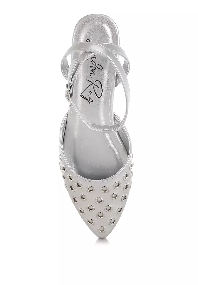 Metallic Eyelet Detail Flat Sandals In Silver