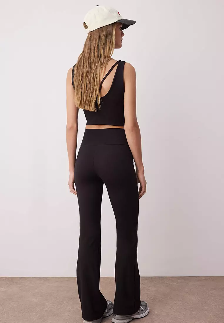Black Soft Brushed Double Breasted Waist And Pocket Detail Spanish Leg Yoga Knitted Sports Leggings