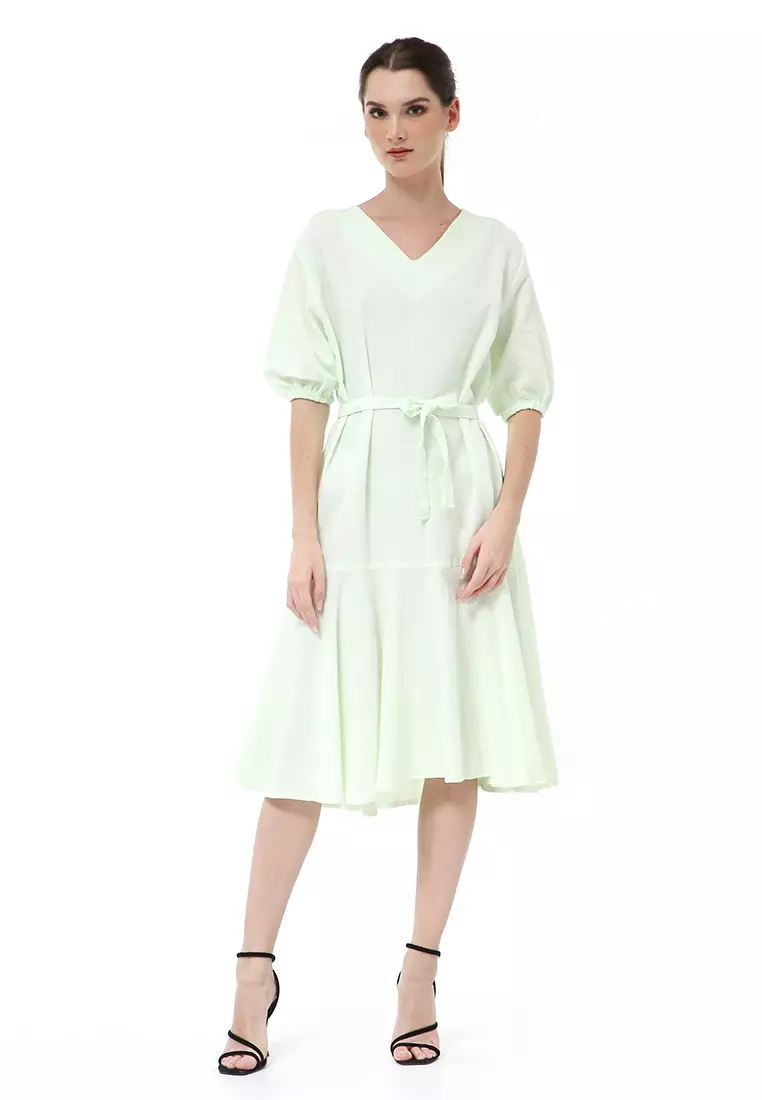 Rachel Midi Dress Ruffle Wanita with Strap Lengan Pendek Material Linen ORIGINAL - Soft Green