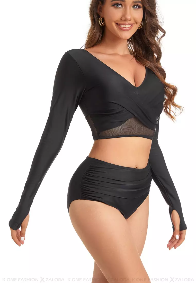 (2pcs) Sexy Mesh Long-Sleeved Bikini Swimsuit