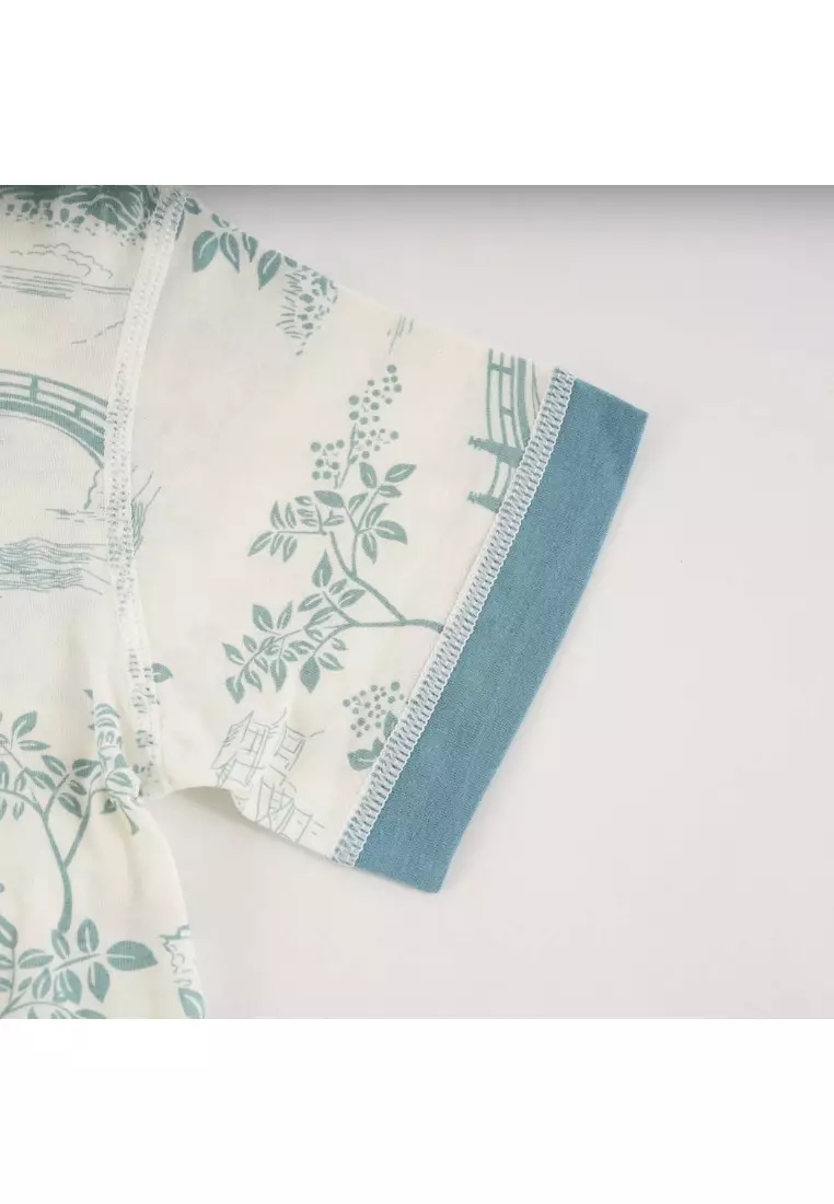 Chinese Garden Landscape Bridge Rockery Pavilion Baby Boy Cheongsam Romper 0839