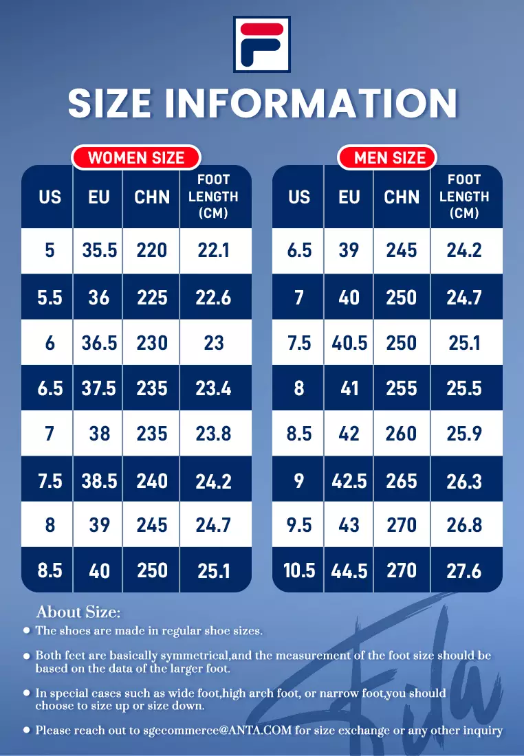 Fila shoes size guide shop