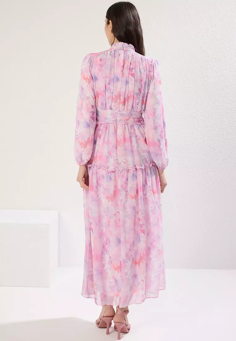 Lilac Floral Patterned Lined Chiffon Woven Dress TCTSS25EB00063
