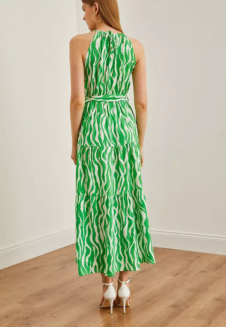 Halter Neck Belted Woven Viscose Dress