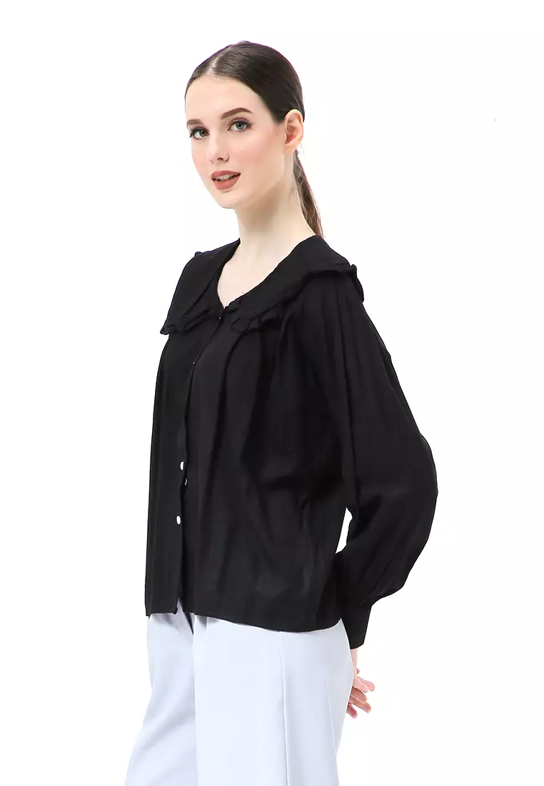 Adena Blouse Atasan Wanita Long Sleeve Kerah Rempel - Hitam
