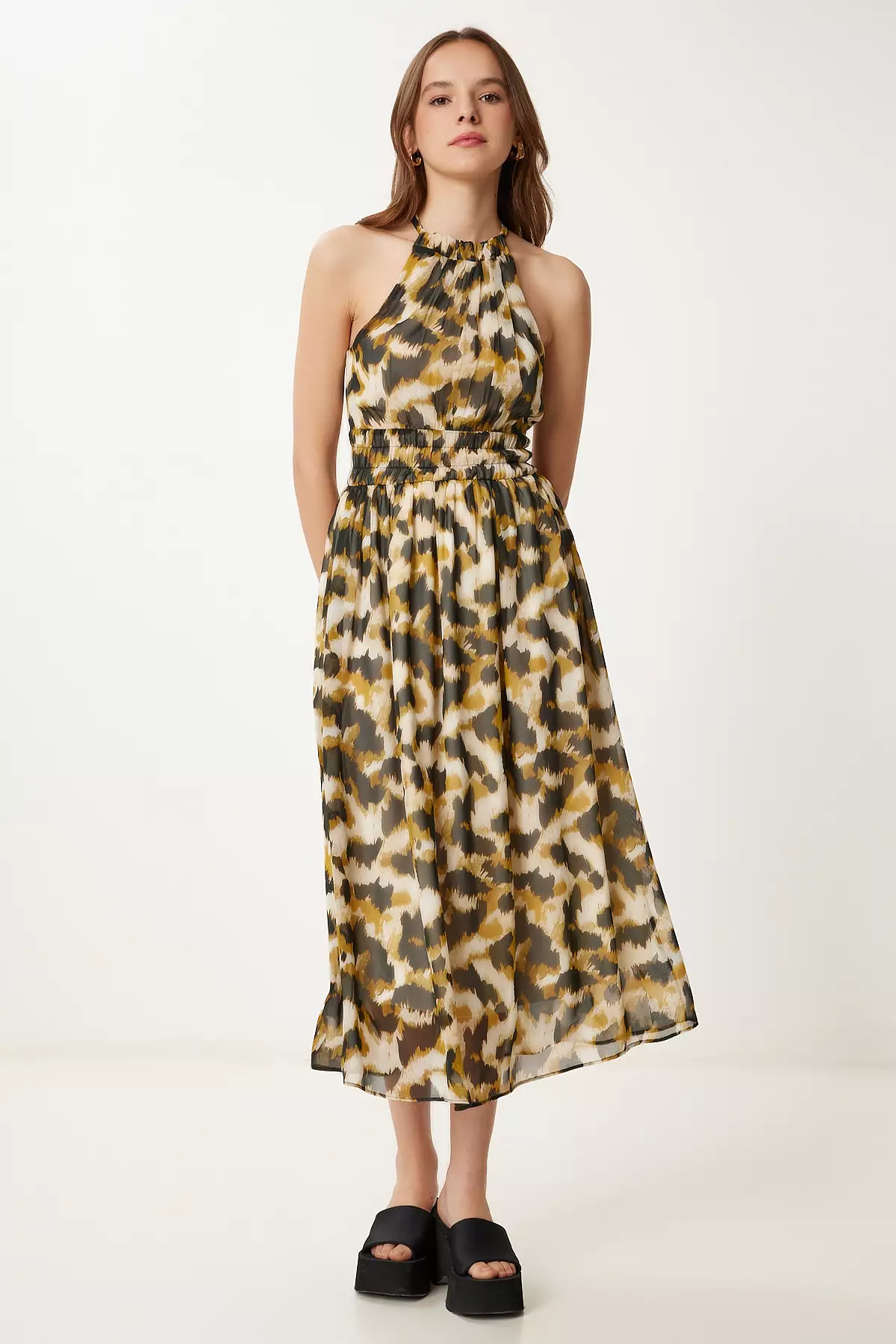 Women's Black Mustard Patterned Flounced Midi Chiffon Dress Fg00029