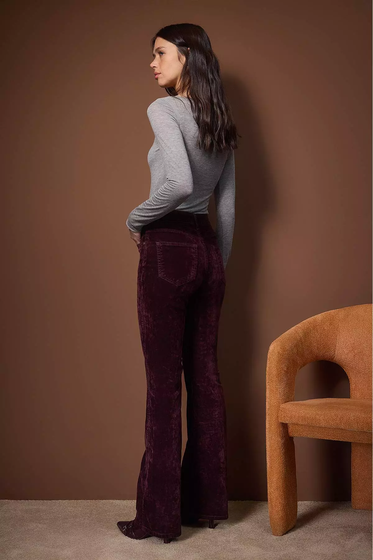 Burgundy Suede Look High Waist Comfort/Flexible Flare Jeans Twoaw26Je287