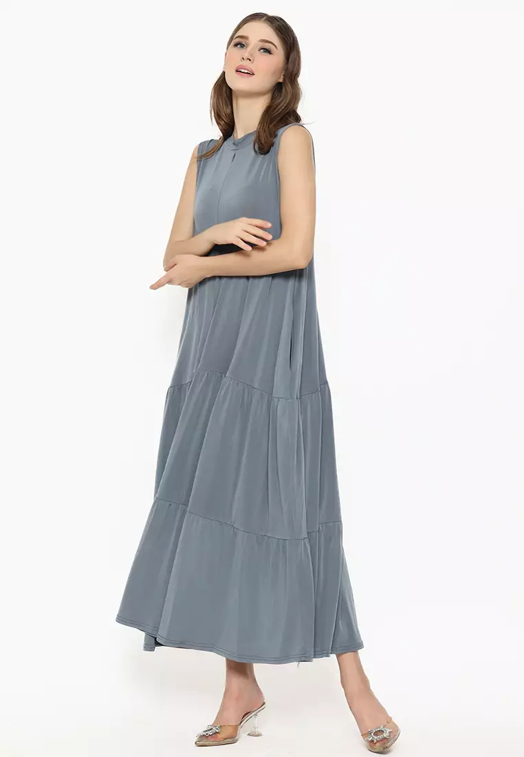 JV Hasanah Sheilla Ruffle Sleeveless Jersey Dress Grey | Gamis Kensy Susun Jersey