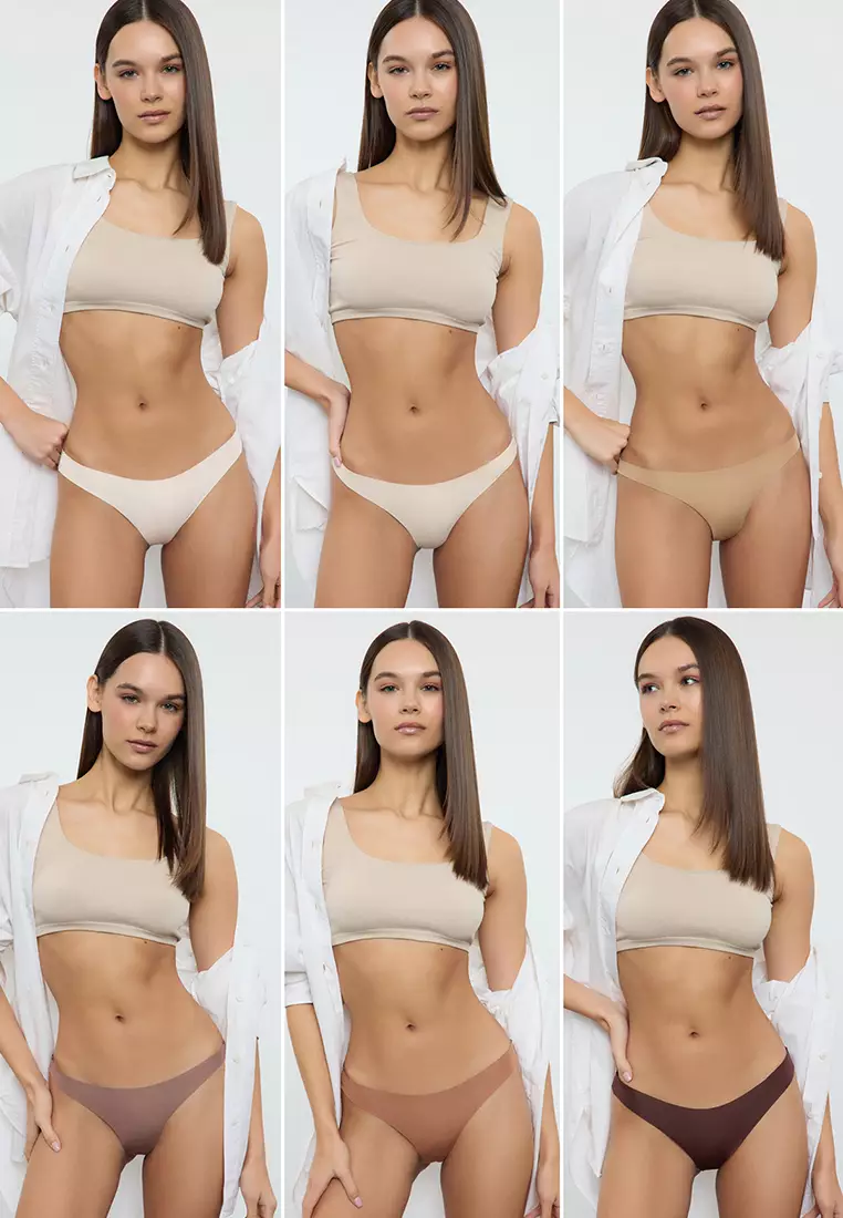 Brown-Multi Colorful 6-Pack Micro Seamless/Non-Trace Laser Cut Thong Knitted Panties