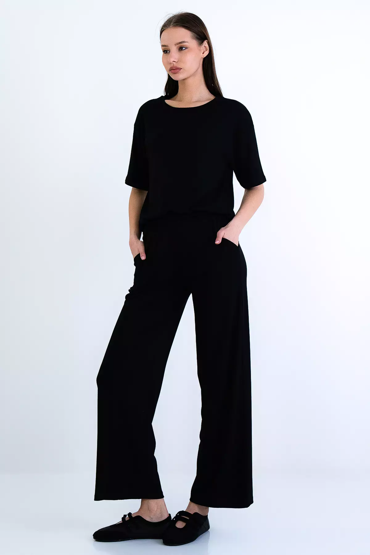 Black Crew Neck Modal Basic Blouse And Double Pocket Trousers Set Alc-X15221