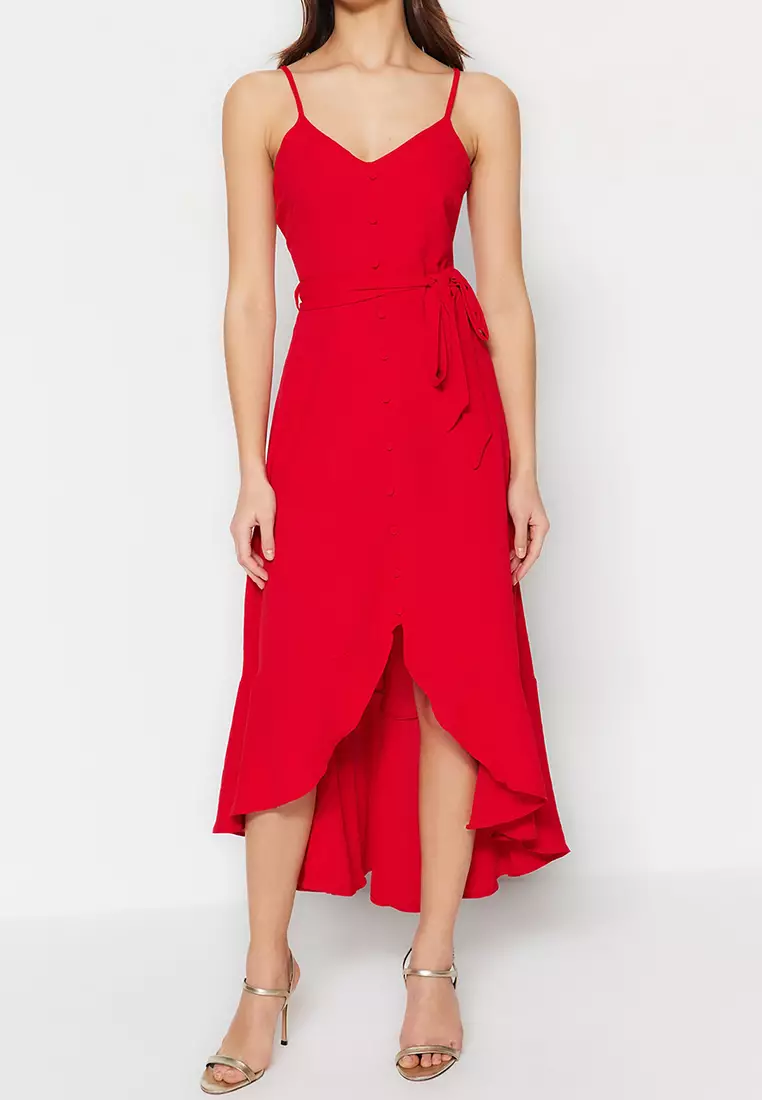Belted Midi Ruffle Dress