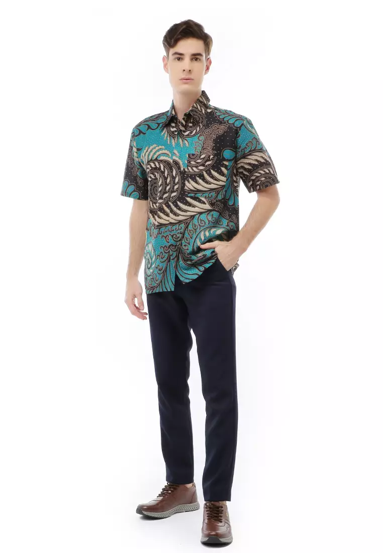 Kendrick Atasan Formal Kemeja Batik Pria Slim Fit Eye Motive Sleeve Material Cotton ORIGINAL - Blue