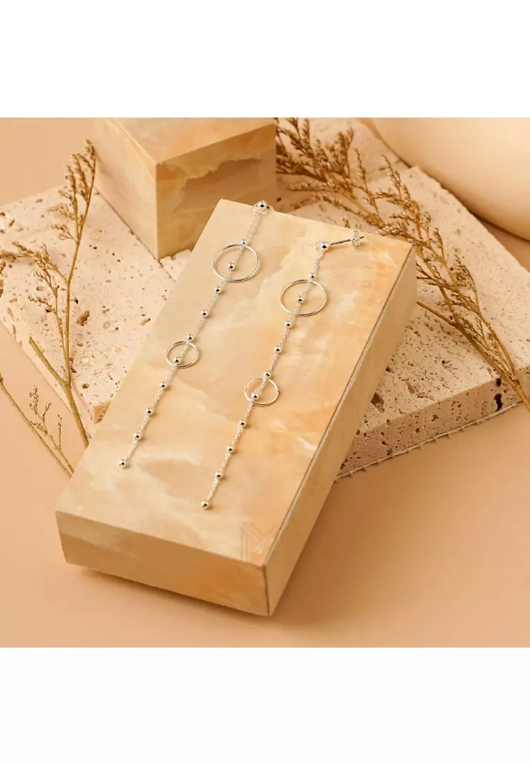 Minimal Satellite Halo Silver Chain Stud Earrings with 925 Sterling Silver