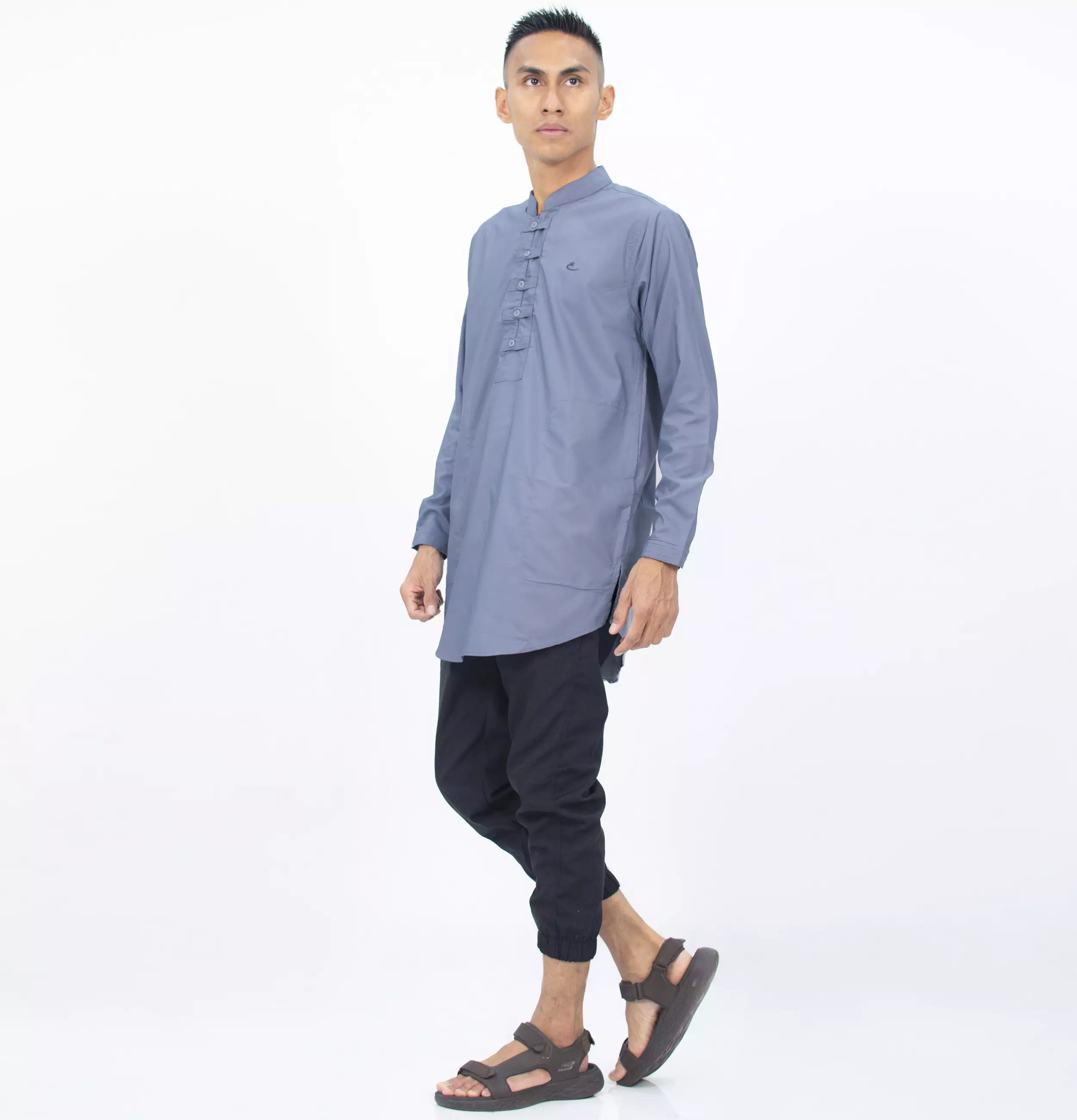 SHAMS Baju Lebaran Baju Koko Lengan Panjang Kemeja Koko Kemeja Kurta Pria - ABU MUDA