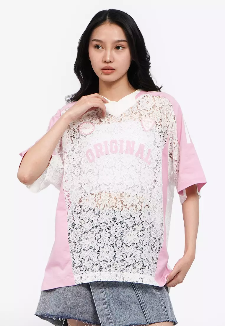 Oversized V-Neck Lace Jersey