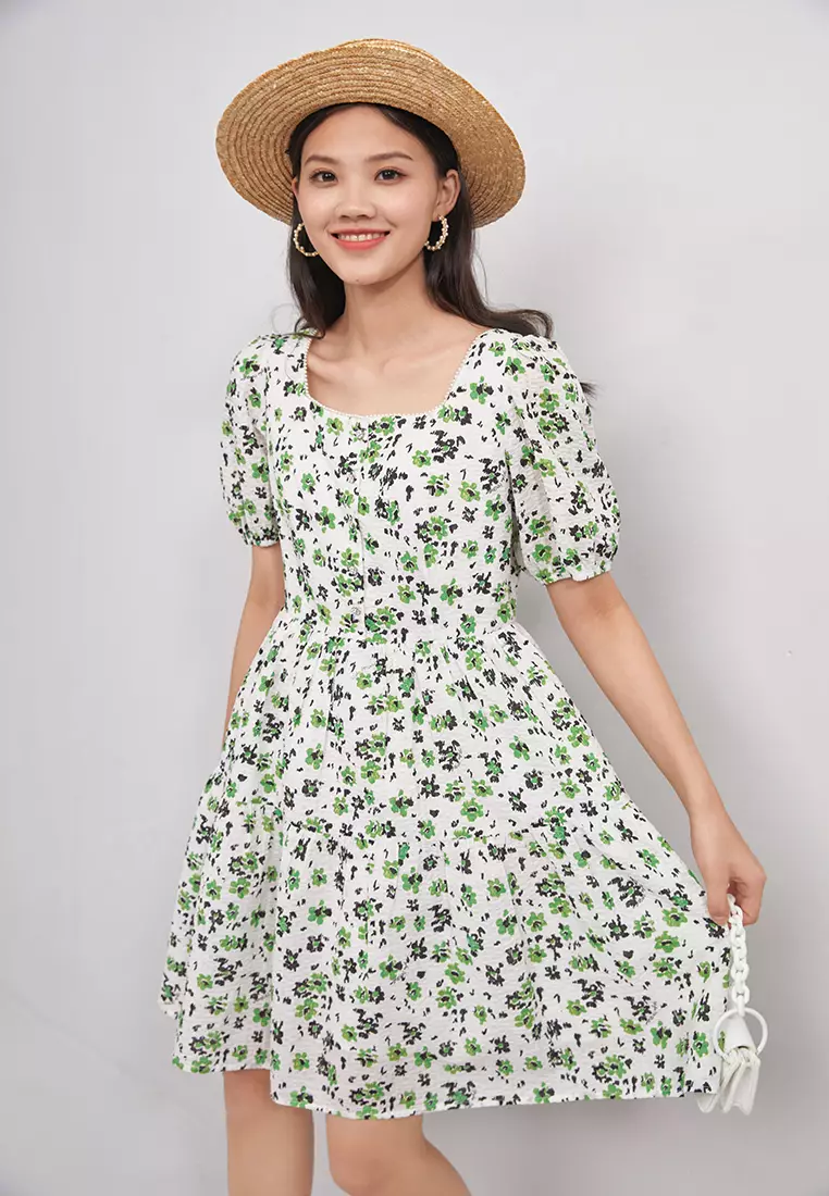 Square Neck Textured Floral Mini Dress