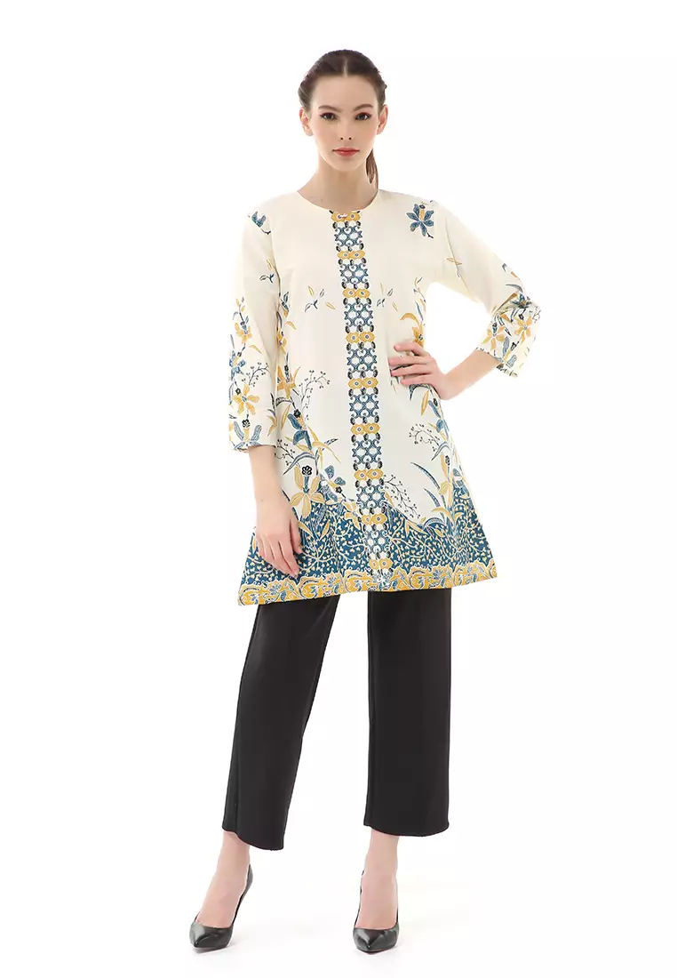 Olaf Atasan Batik Wanita Tunik Traditional Motive Simple Design Material Cotton ORIGINAL - White Blue Green