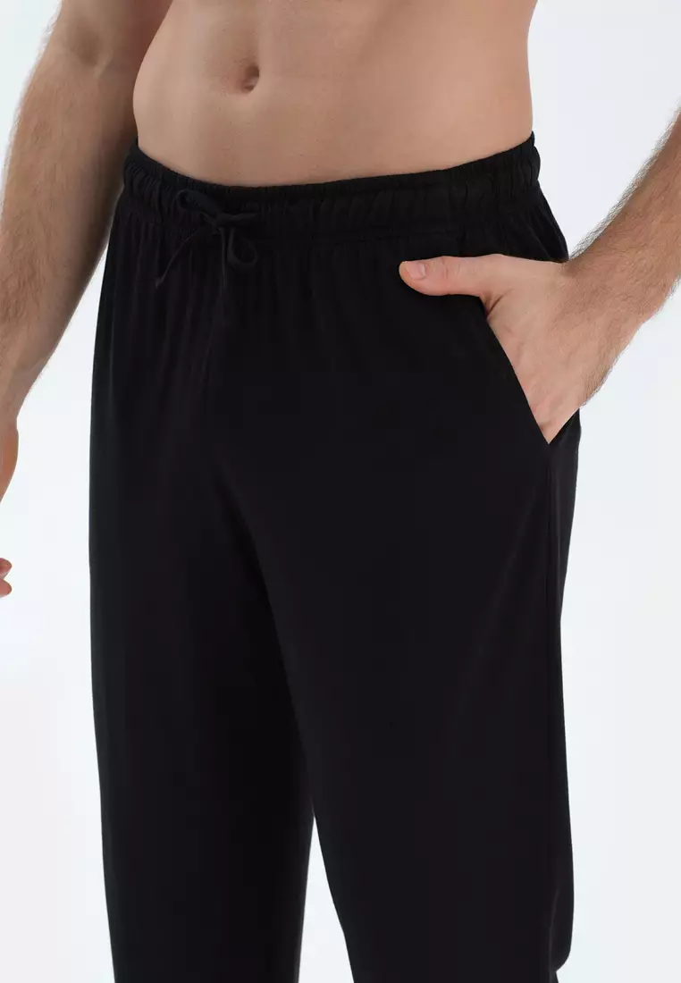 Black T-Shirt & Trousers, Crew Neck, Regular, Long Leg, Short Sleeve Sleepwear for Men