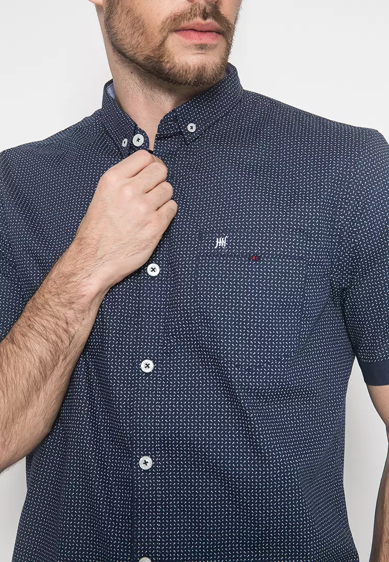 Johnwin - Kemeja Casual - Motif Polkadot - Navy - Slim Fit