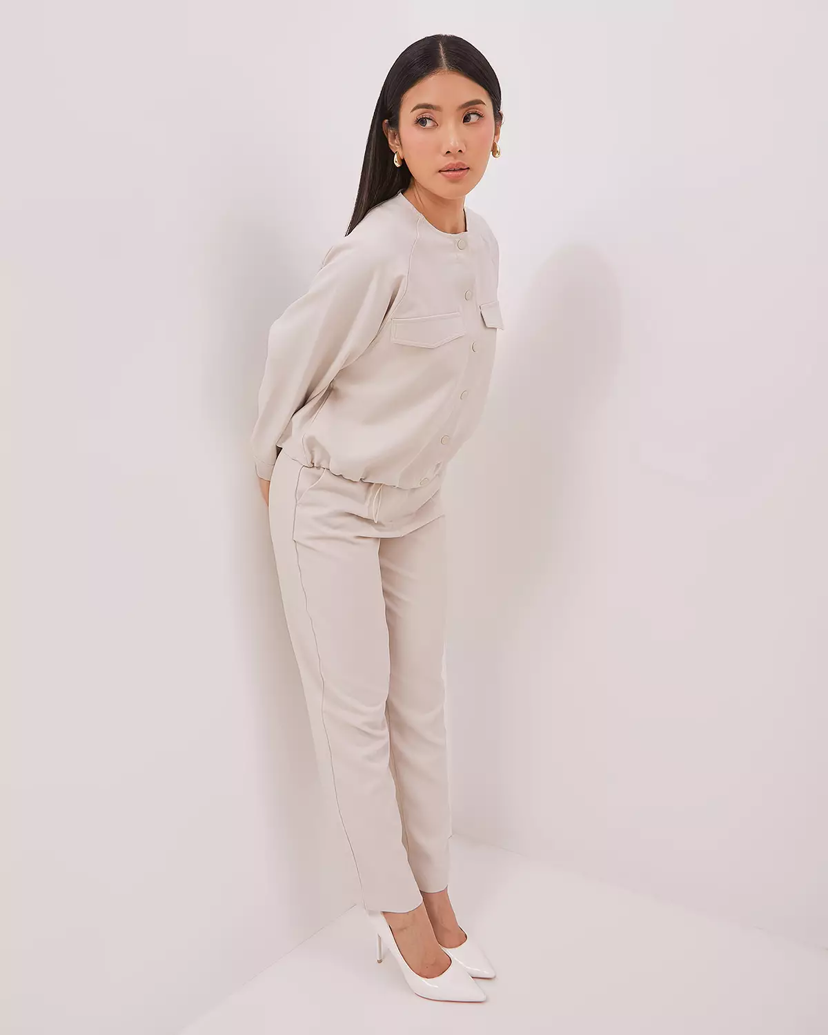 WOMEN'S CREAM CROPPED LONG SLEEVE JACKET