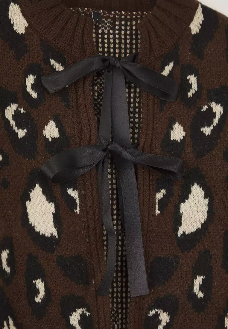Brown Leopard Print Crop Soft Textured Knitwear Cardigan