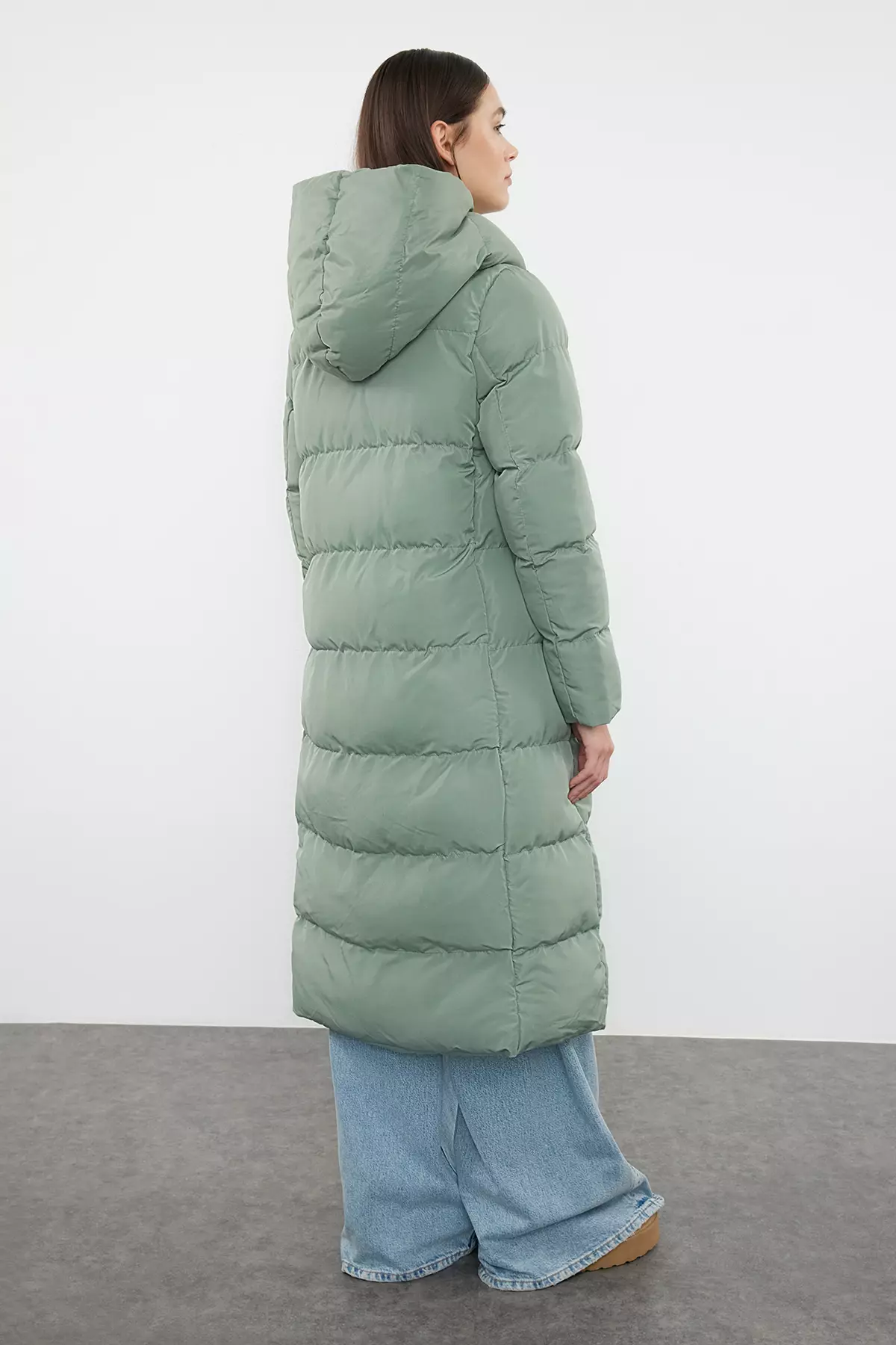 Light Khaki Regular Side Snap Closure Water Repellent Long Quilted Puffer Jacket TWOAW24MO00044