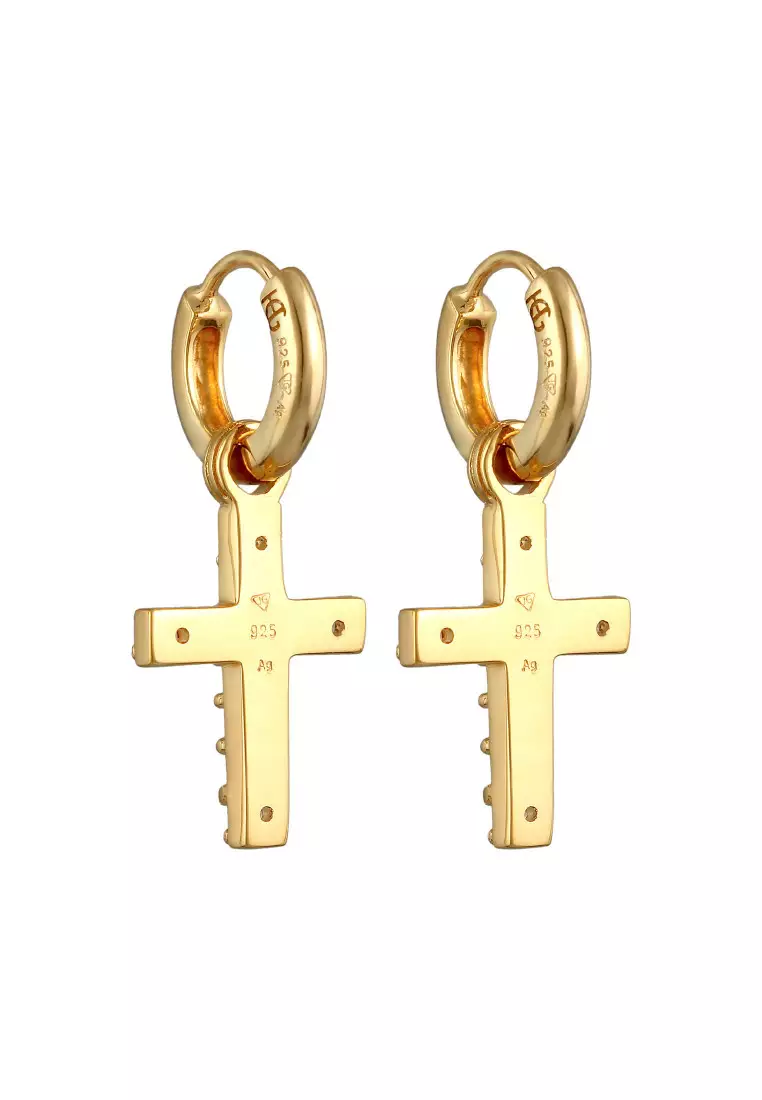 EXCLUSIVE Anting Perhiasan Perak 925 Wanita Pearl Cross Gold Hoop Gold Plated