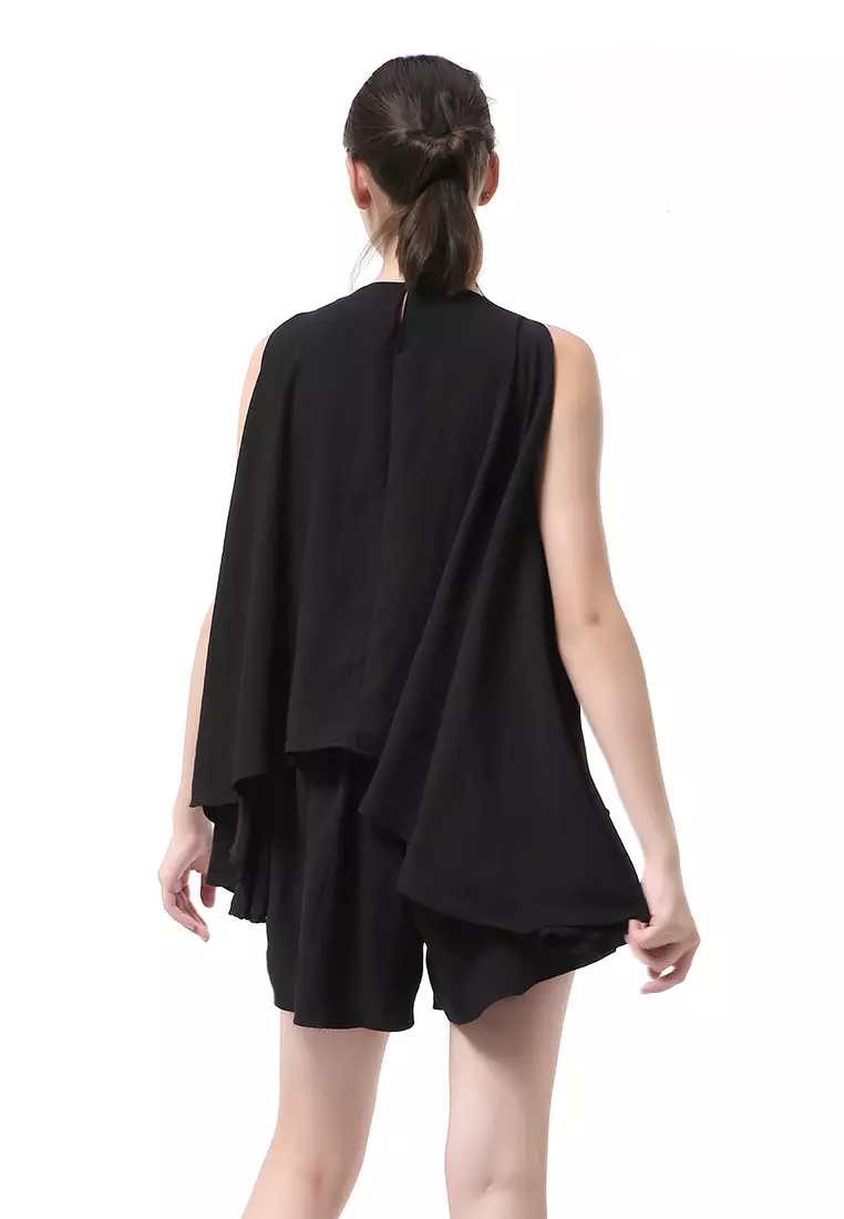 Nayra One Set Setelan Wanita Sleeveless Blouse with Short Pants Plain Motive Material Crepe Crinkle ORIGINAL - Black