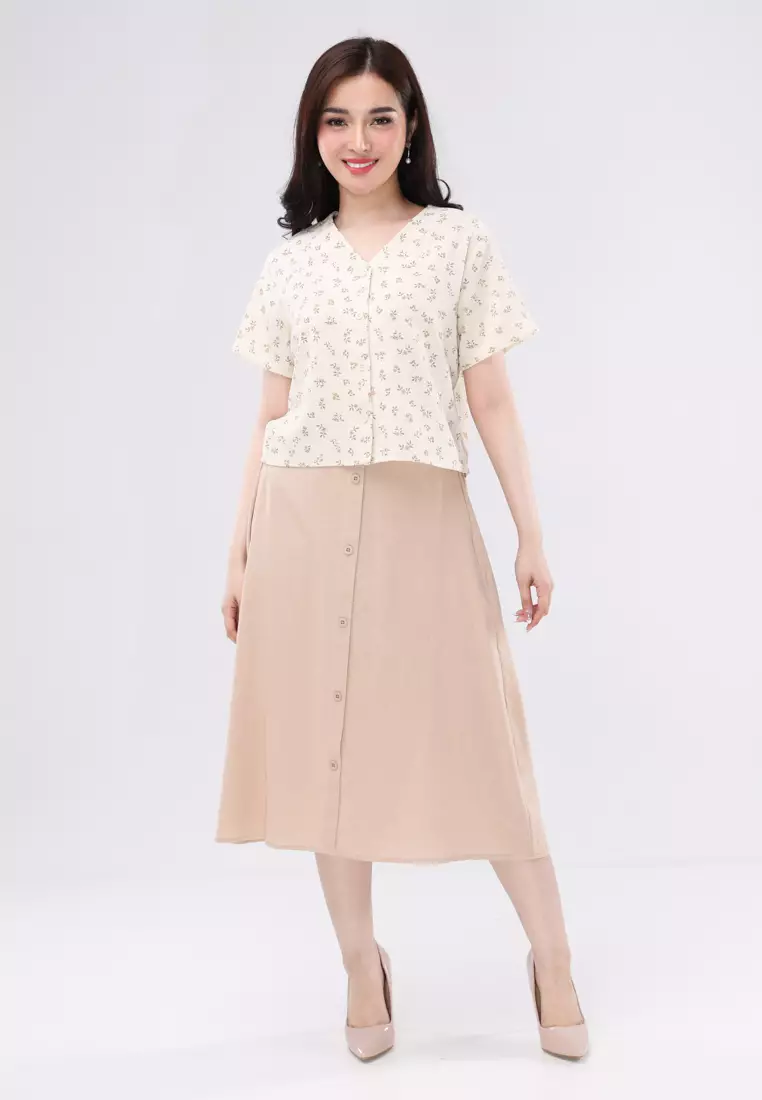 Crumpled Woven Short Sleeves Blouse/Skirt