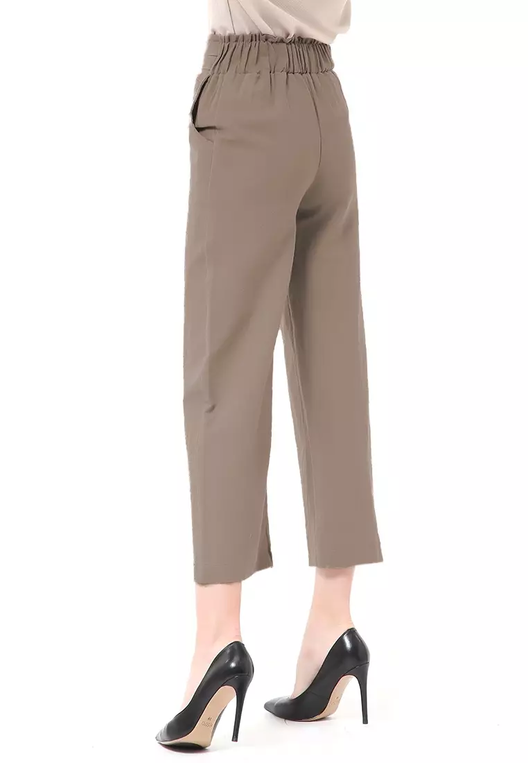 Stella Casual Long Pants Wanita Celana Kulot Highwaist Double Botton Material Linen ORIGINAL - Choco