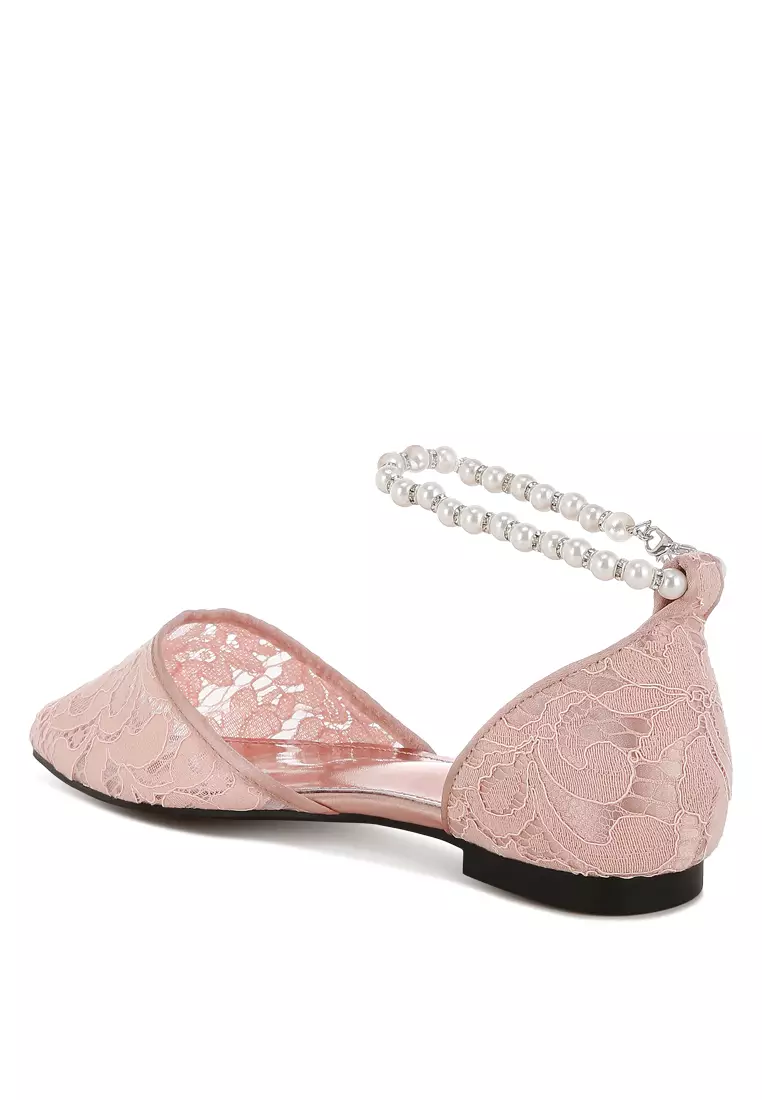 Sandal Datar Tali Mutiara & Berlian Imitasi dalam Warna Blush