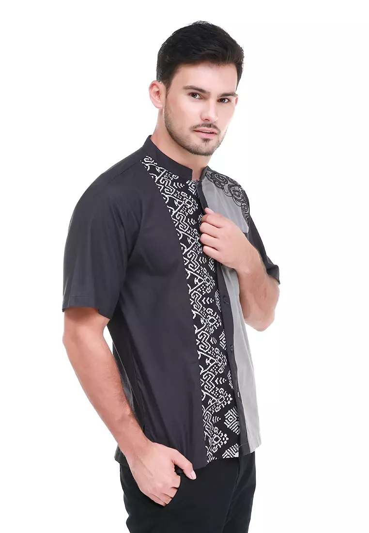Dwan Kemeja Batik Pria Two Tone Atasan Formal Shortsleeve Shirt Material Cotton ORIGINAL - Black
