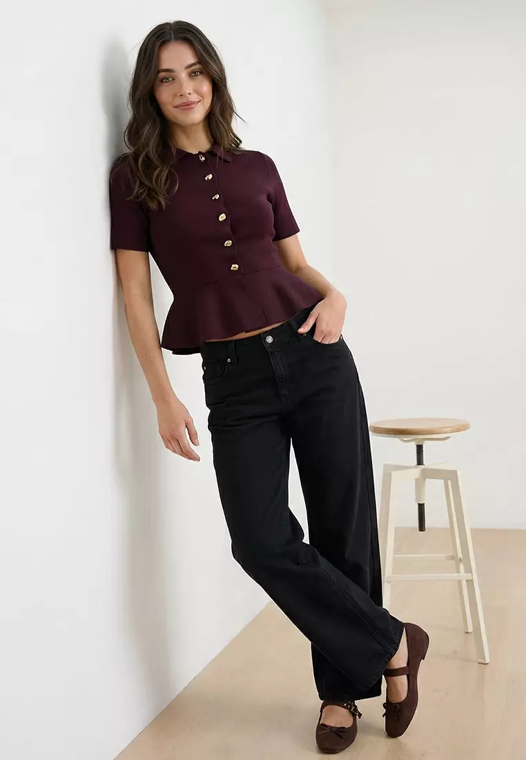 Plum Peplum/Waist Fitted Button Detailed Knitwear Blouse Twoss26Bz158