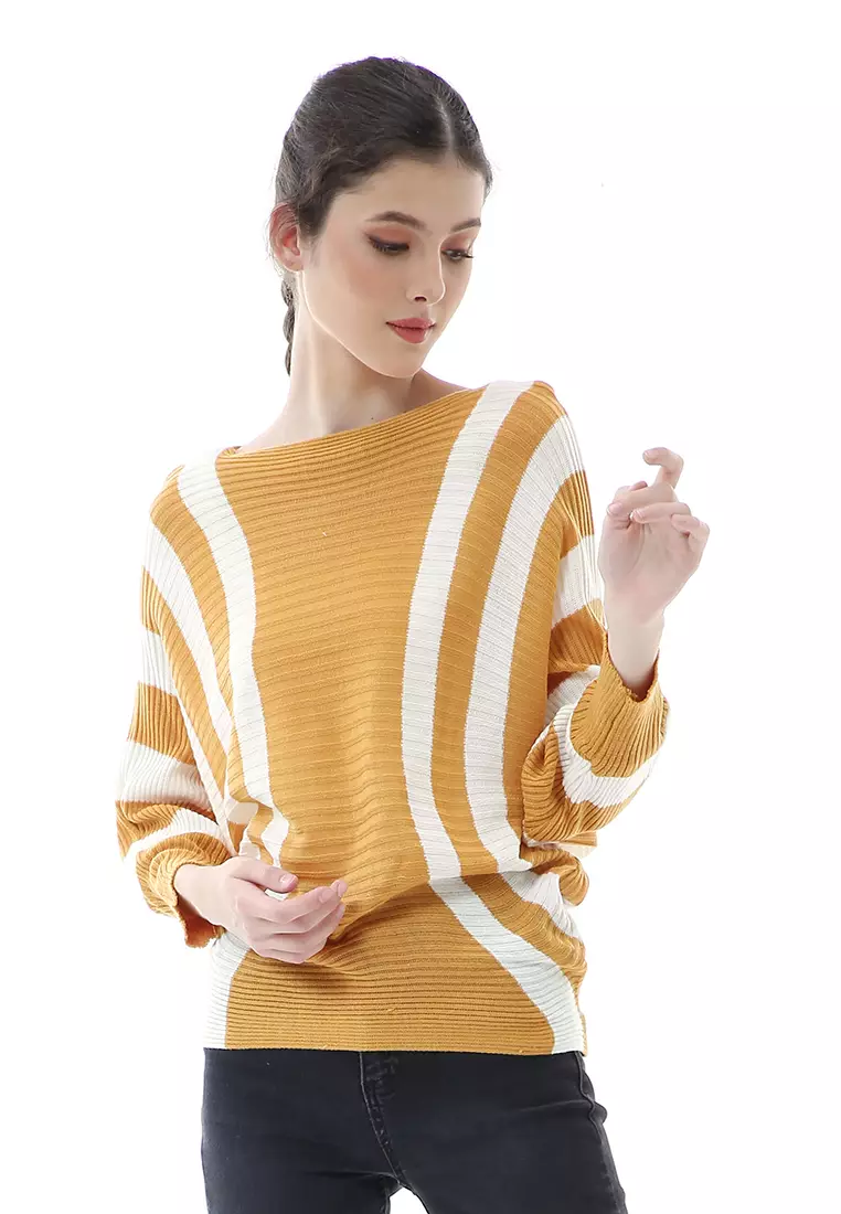 Viana Blouse Rajut Atasan Wanita Motif Zebra Stripe Oversize Jumbo Premium Quality - Mustard