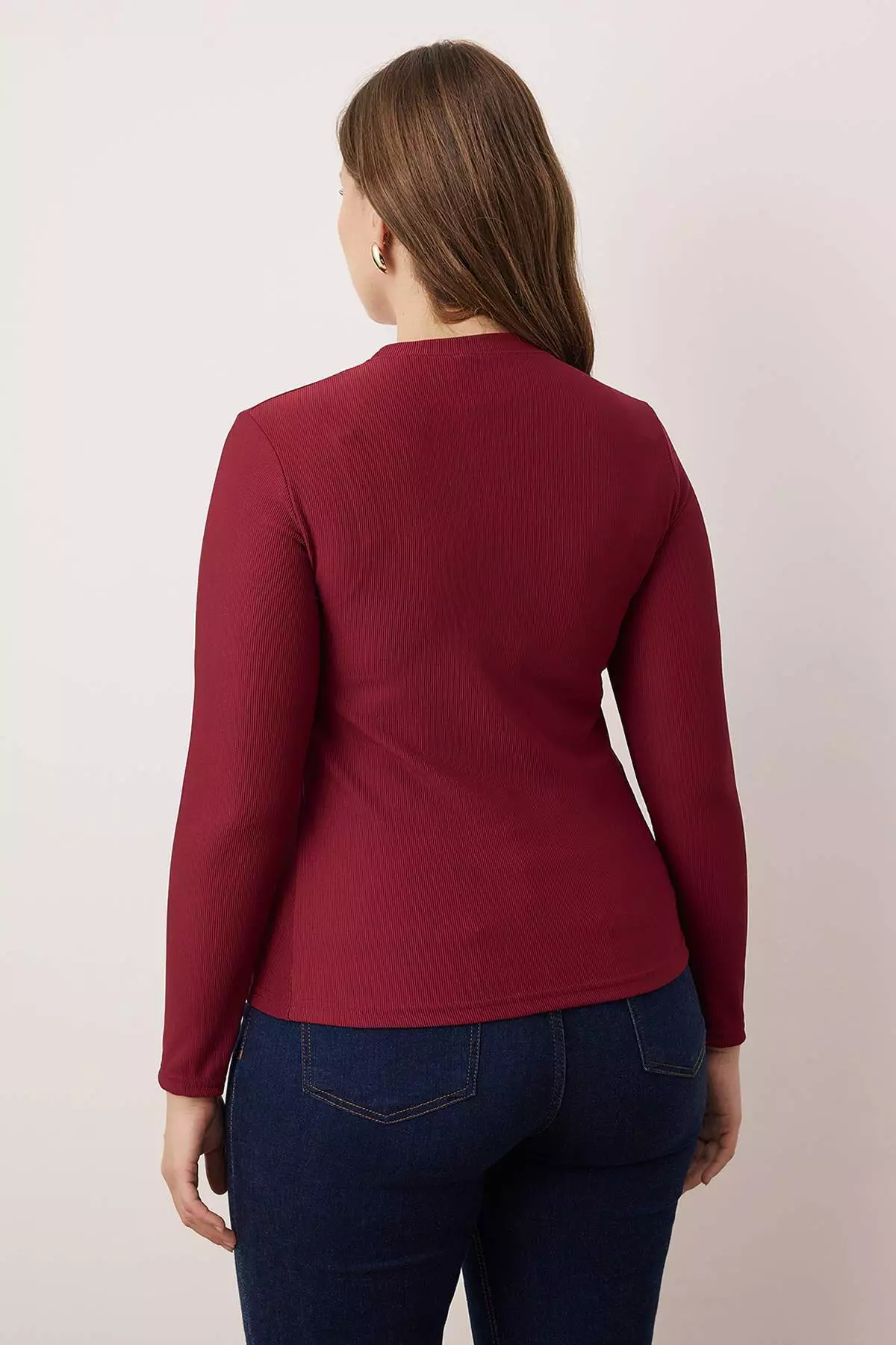 Burgundy Accessory Buttoned Long Sleeve Ribbed Knitted Plus Size Blouse Tbbaw26Af00078