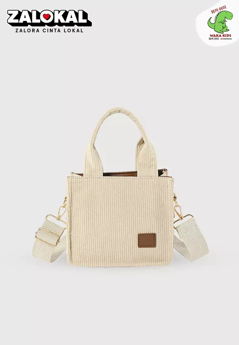 Wakakids Tas Selempang Wanita Sling Bag Kotak Corduroy Hand Bag Venrc Cream