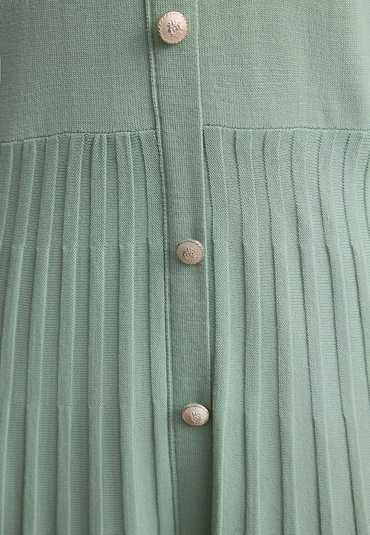 Color Blocked Mint Pleated Knitwear Dress - Tctaw25Eb00092