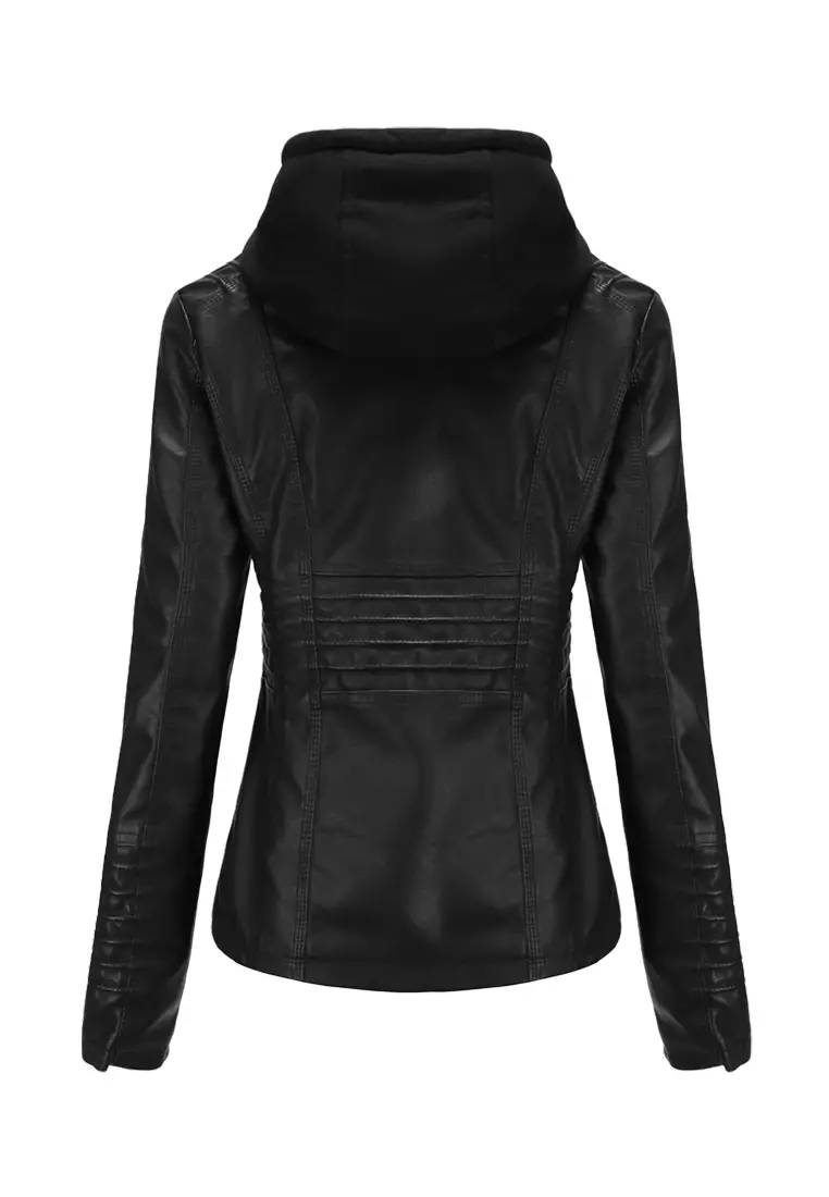 Detachable Knitted Hooded Faux Leather Jacket‌‌ AD-6699