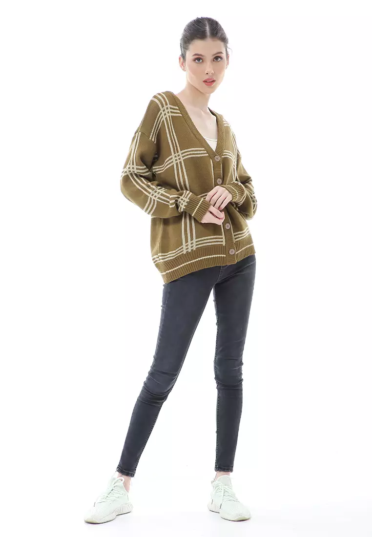 Eshika Cardigan Rajut Oversize Motif Kancing Tebal High Quality - Bronze
