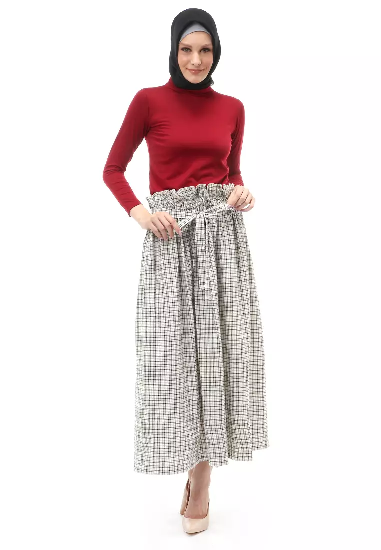 Amel Long Skirt Bawahan Wanita Motif Kotak-Kotak Regular Fit - White