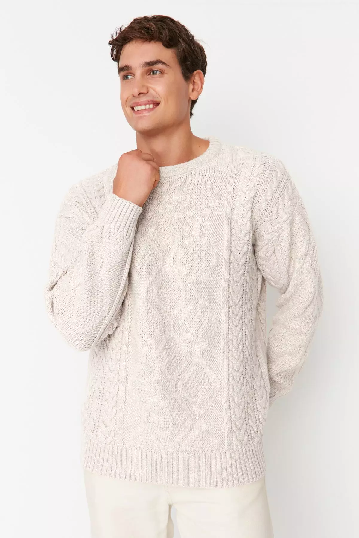 Hair Braided Crew Neck Oversize Knitwear Sweater - White Tmnaw23Kz00280