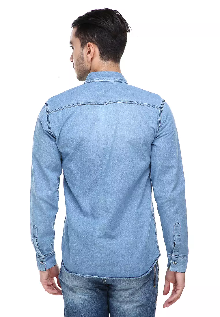 Dwan Casual Shirt Baju Kemeja Jeans Pria Lengan Panjang Material Denim ORIGINAL - Light Blue