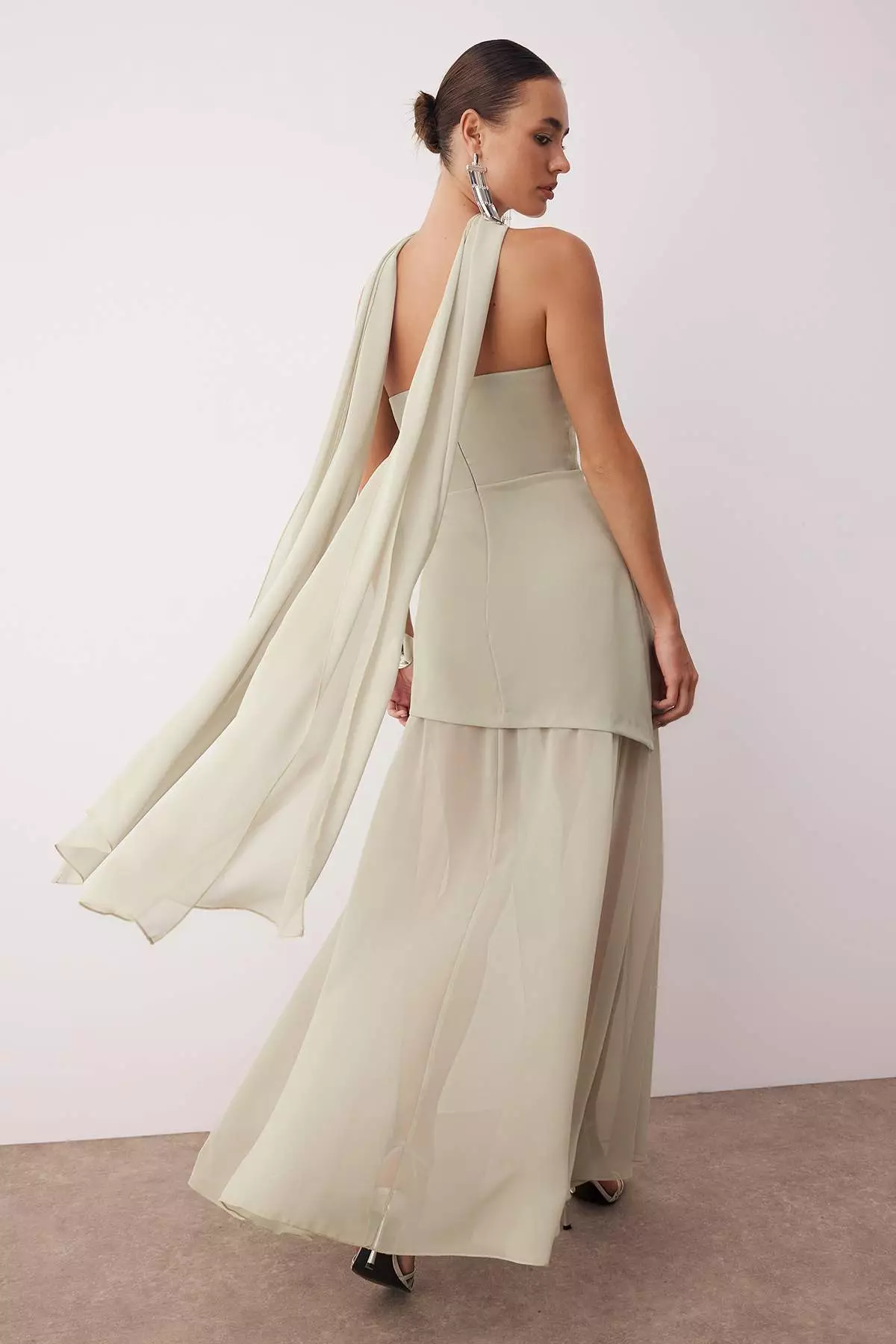 Mint Shawl Detailed Woven Maxi Evening & Graduation Dress