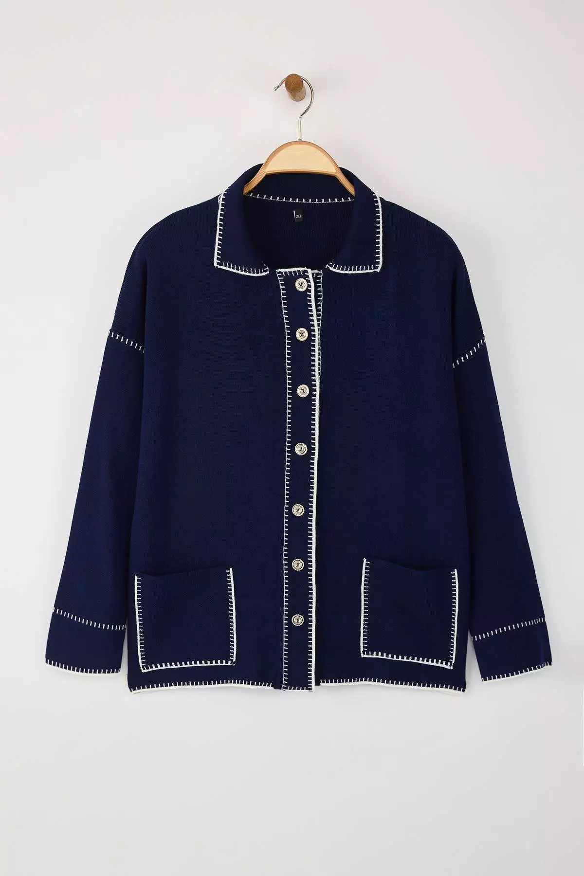 Navy Blue Polo Collar Embroidered/Embroidered Knitwear Cardigan